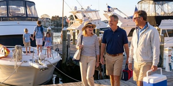 Families and friends walking along a marina in the Hamptons, with docked boats and yachts in the background on a sunny afternoon.