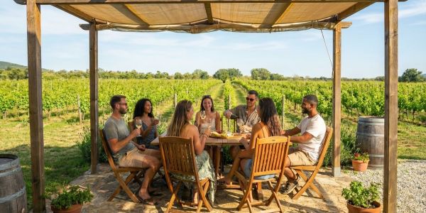 Group of friends seated at an outdoor table in a vineyard, enjoying a rosé wine tasting stop under a shaded canopy with rows of grapevines in the background.