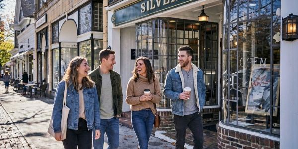 A group of friends walking along a charming Hamptons village street, passing local shops and cafés on a crisp autumn day.