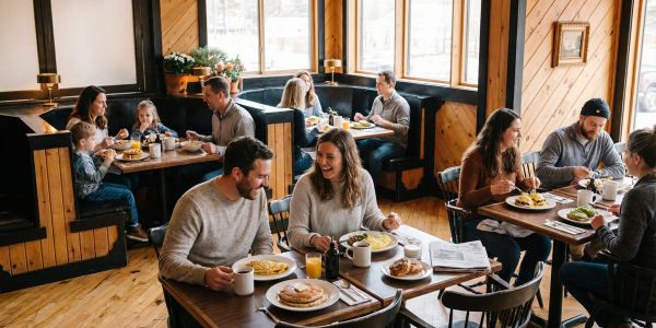 Friends and families enjoying brunch at a cozy Catskills restaurant with wood interiors and natural light.