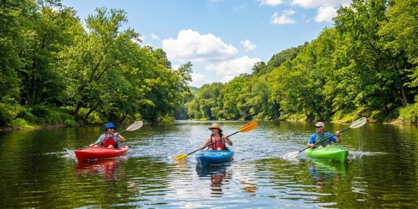 Group kayaking on a calm river surrounded by lush green forest in the Pocono Mountains.