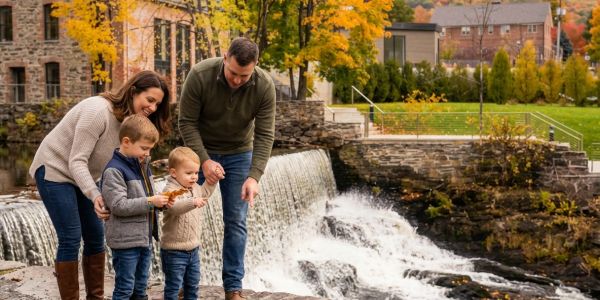 Family exploring a charming Hudson Valley town, standing near a stone bridge and waterfall surrounded by historic buildings and autumn trees.