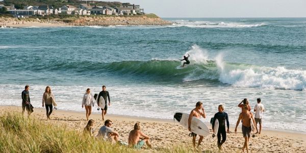 Surfers and beachgoers gathered along a sandy Hamptons beach, with waves breaking offshore and coastal homes visible in the distance.
