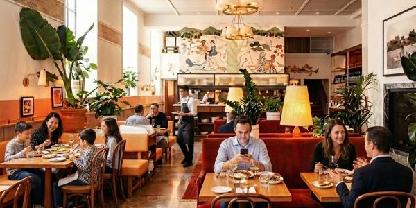 Guests enjoying a lively Hudson Valley restaurant with warm lighting, modern décor, and tables filled with local food and wine.
