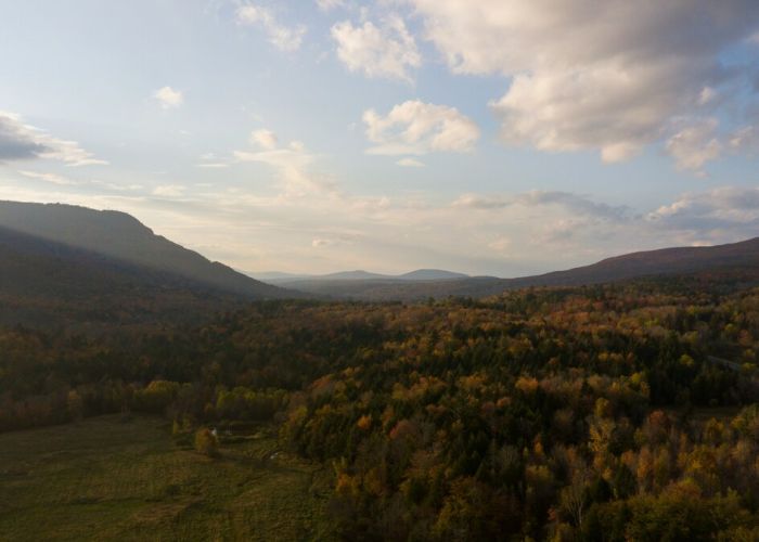 Rolling forested hills and mountain ridges in the Catskills, viewed from above during golden hour in early autumn.