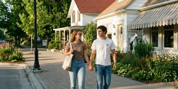 A couple holding hands while walking through a picturesque Berkshire town lined with shops and greenery.