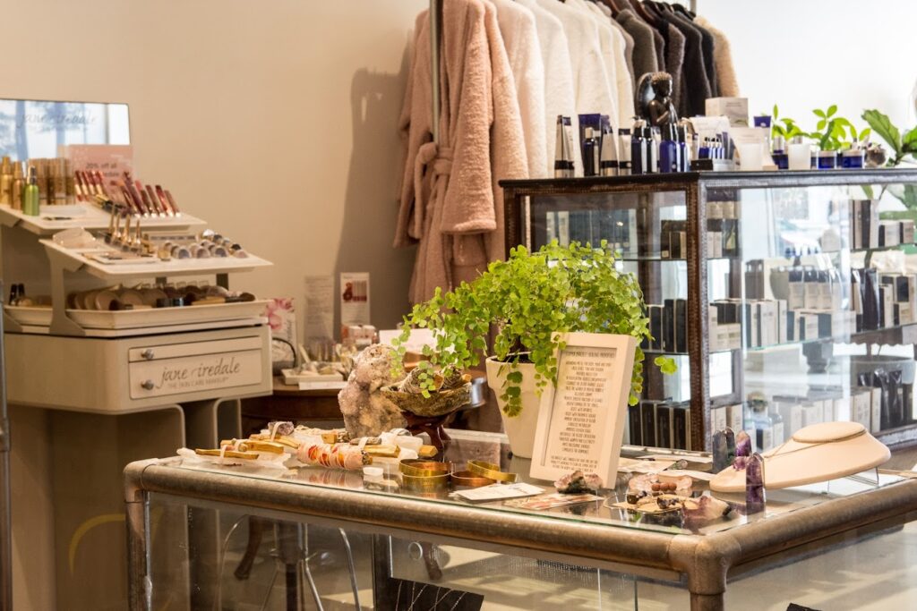 Inside view of offerings, gems, lotions, clothes