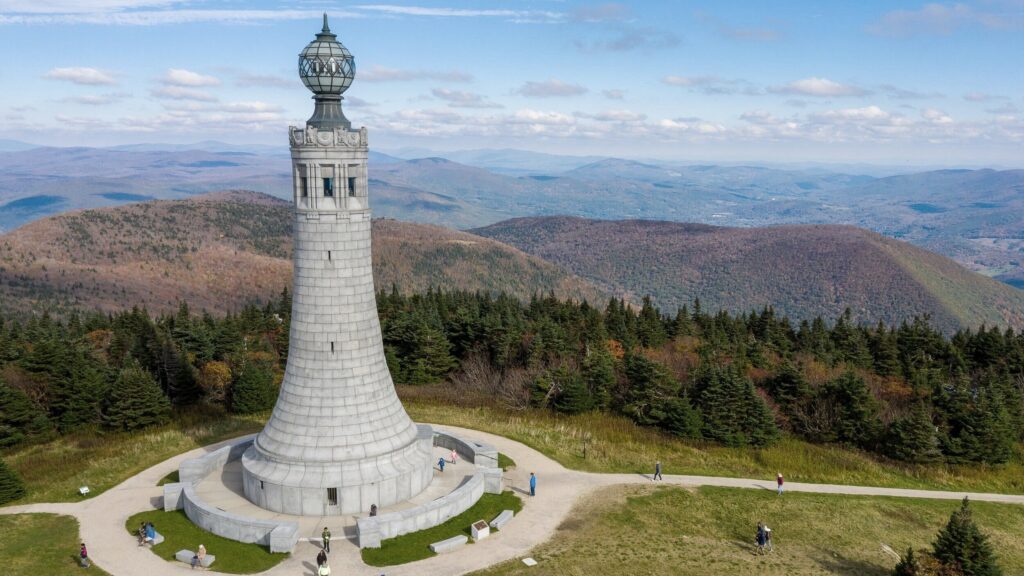 An air view of The Veterans War Memorial Tower at Mount Greylock