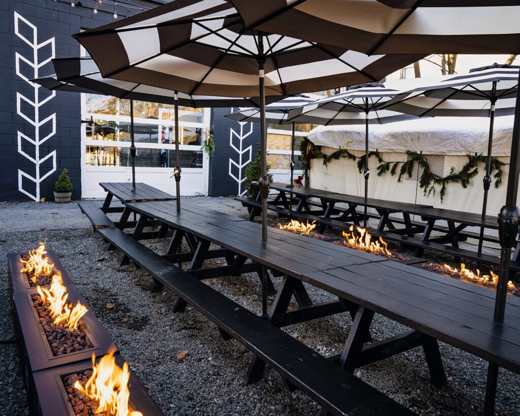Outdoor seating area with fire pits 