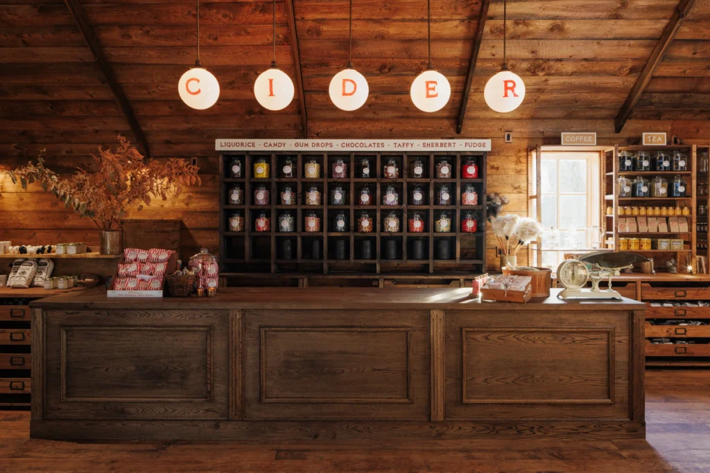 Counter with cider stock on back wall
