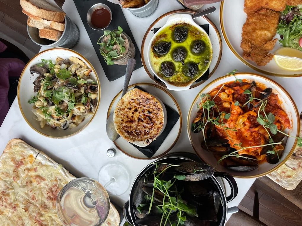 Overhead view of food at a table