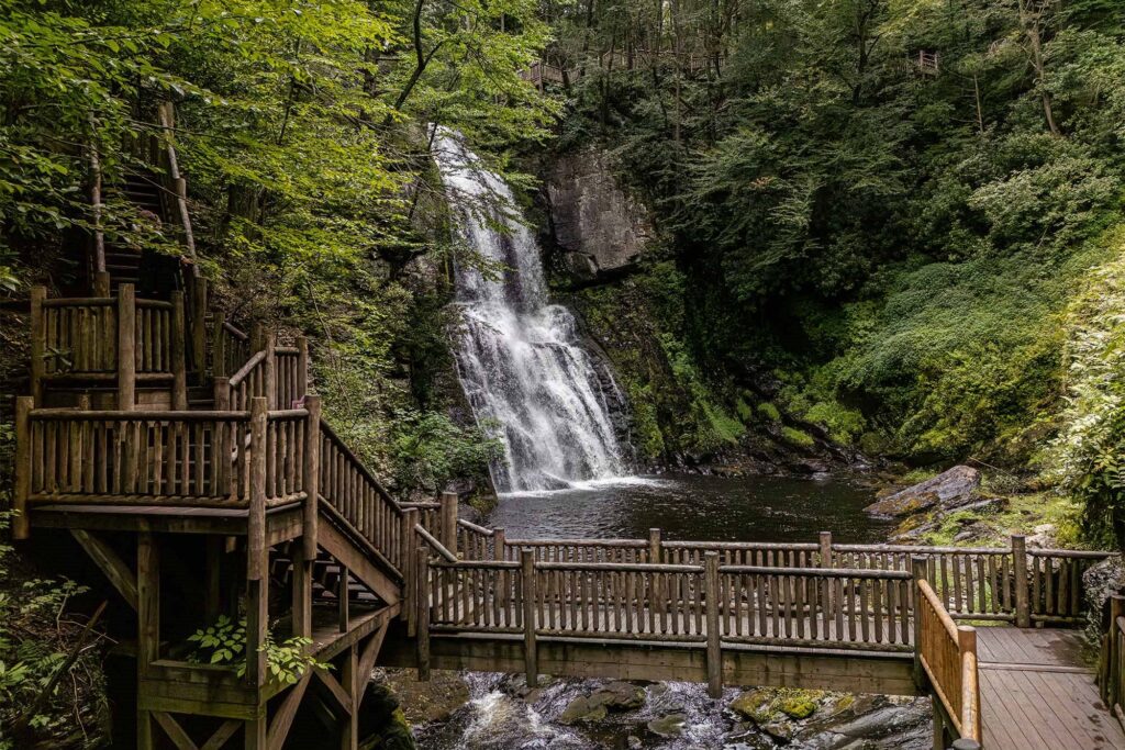 View of walking bridge and waterfalls