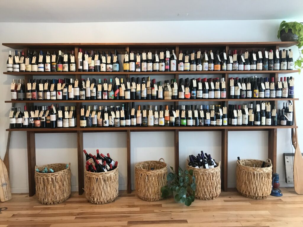 Wall of wine at Upstream Wine and Spirits 