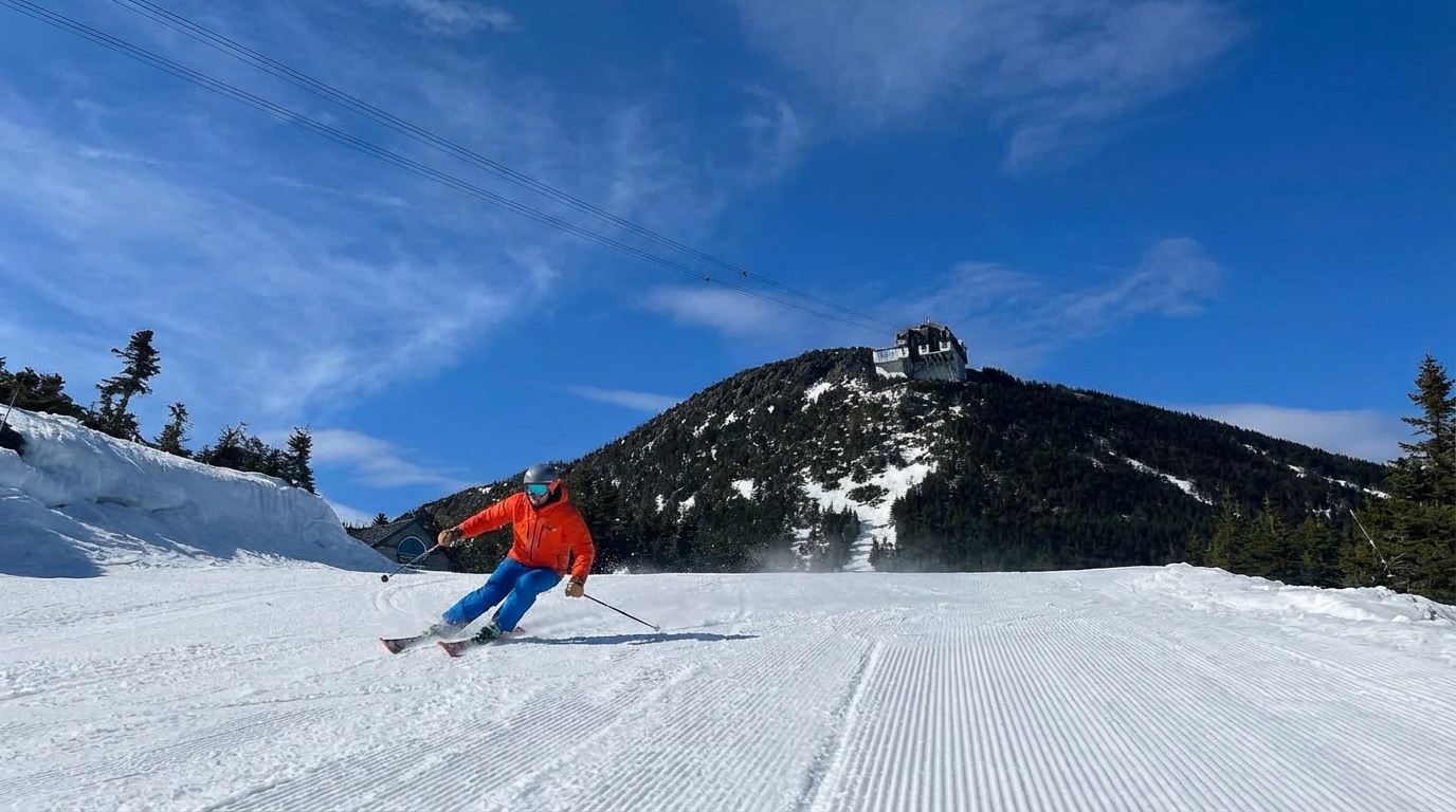 Skiing and snowboarding in deep powder at Jay Peak
